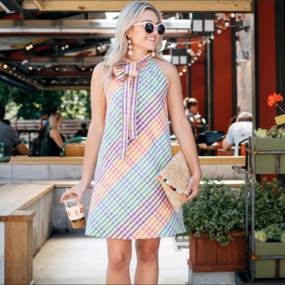 Sleeveless Pastel Plaid Bow-Neck Shift Dress - Multicolor
